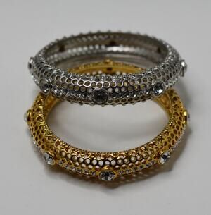 IMAN Designer Swarovski Rhinestone Silver & Gold Color Bangle Bracelet SET